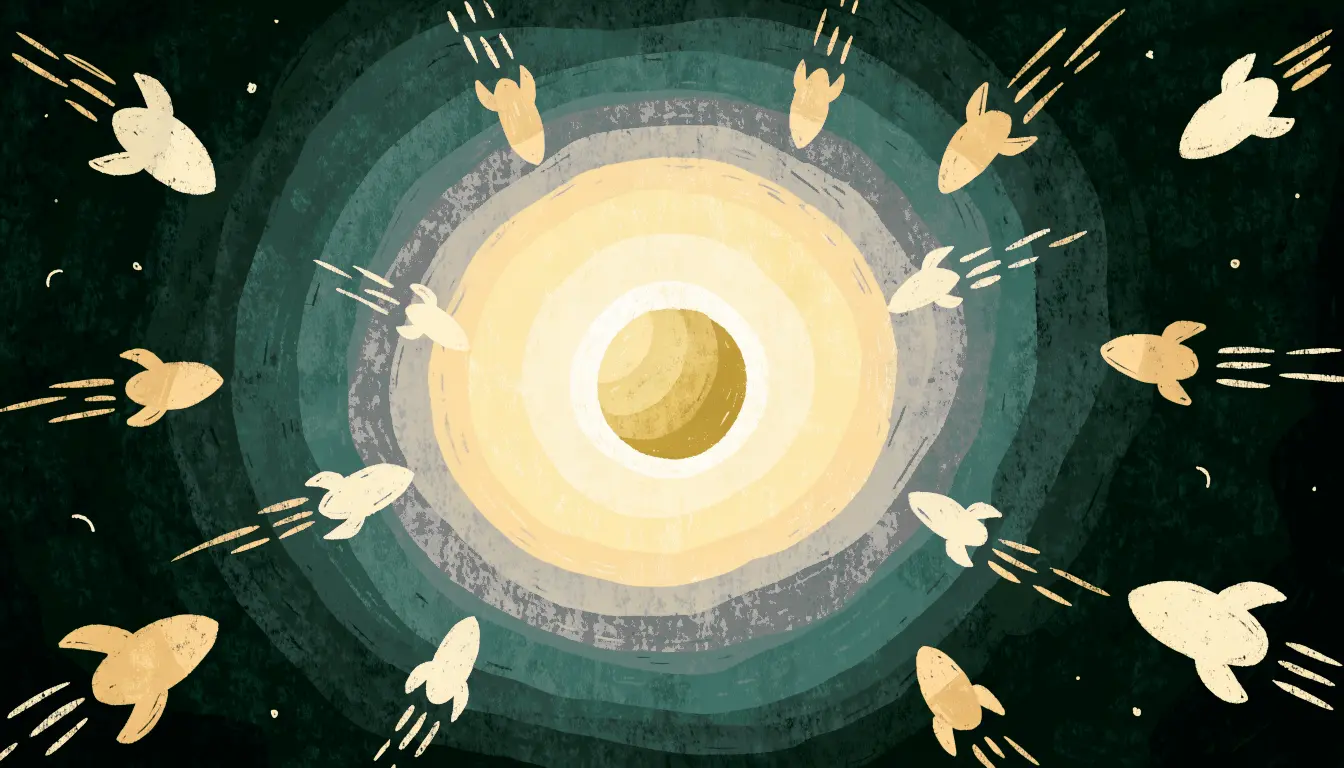 Rockets are flying from all directions toward a glowing beacon