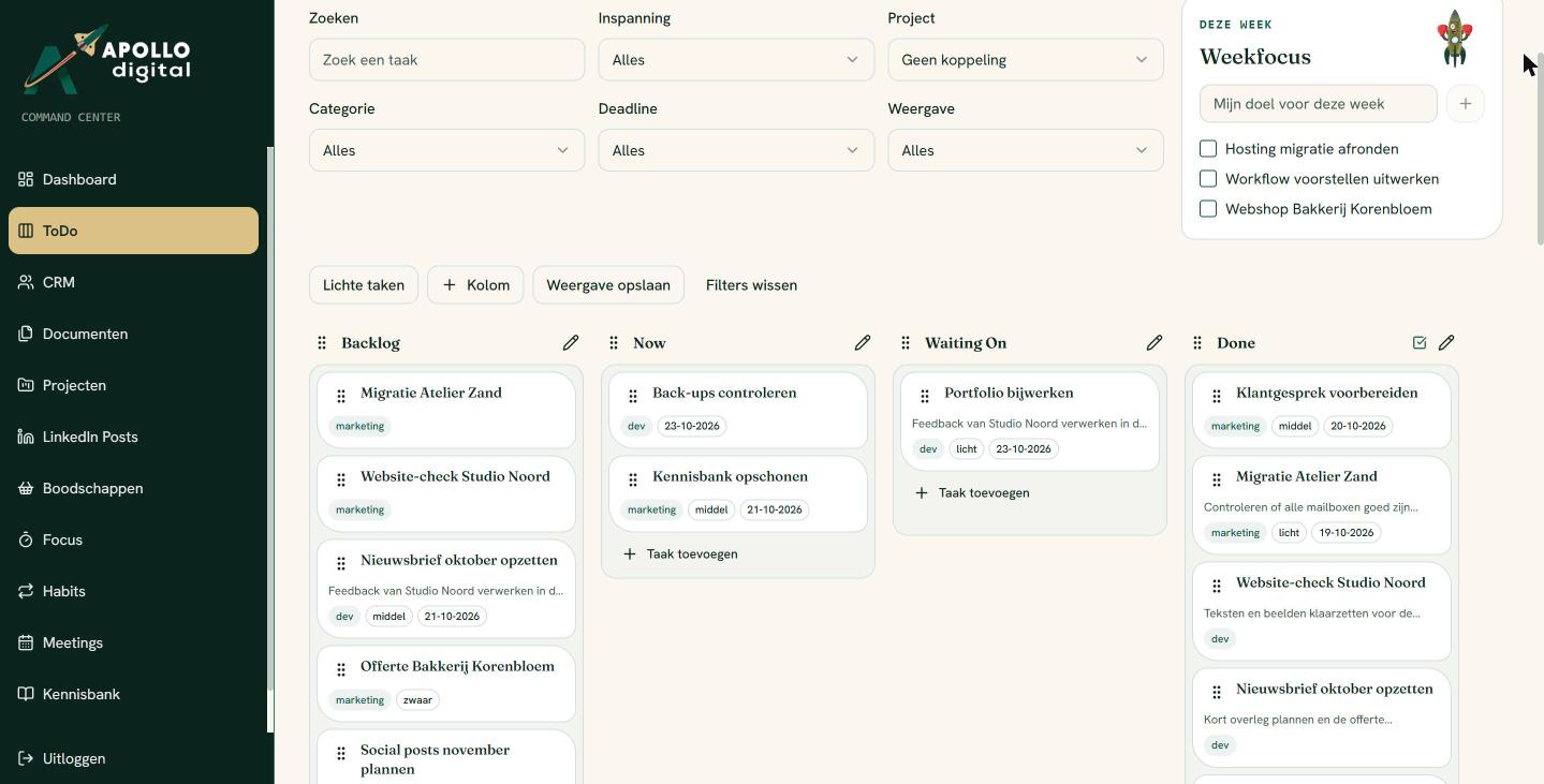 Kanbanbord met taken, inspanningslabels en weekfocus