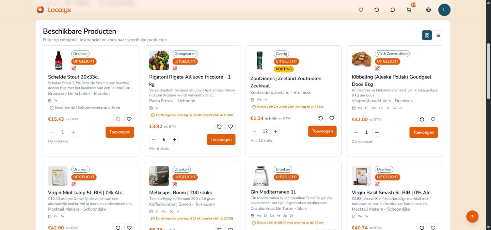 Localys productoverzicht voor afnemers met leverancier, plaats en besteldeadline