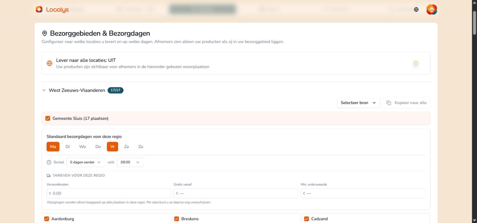 Bezorggebieden en bezorgdagen per gemeente voor een leverancier